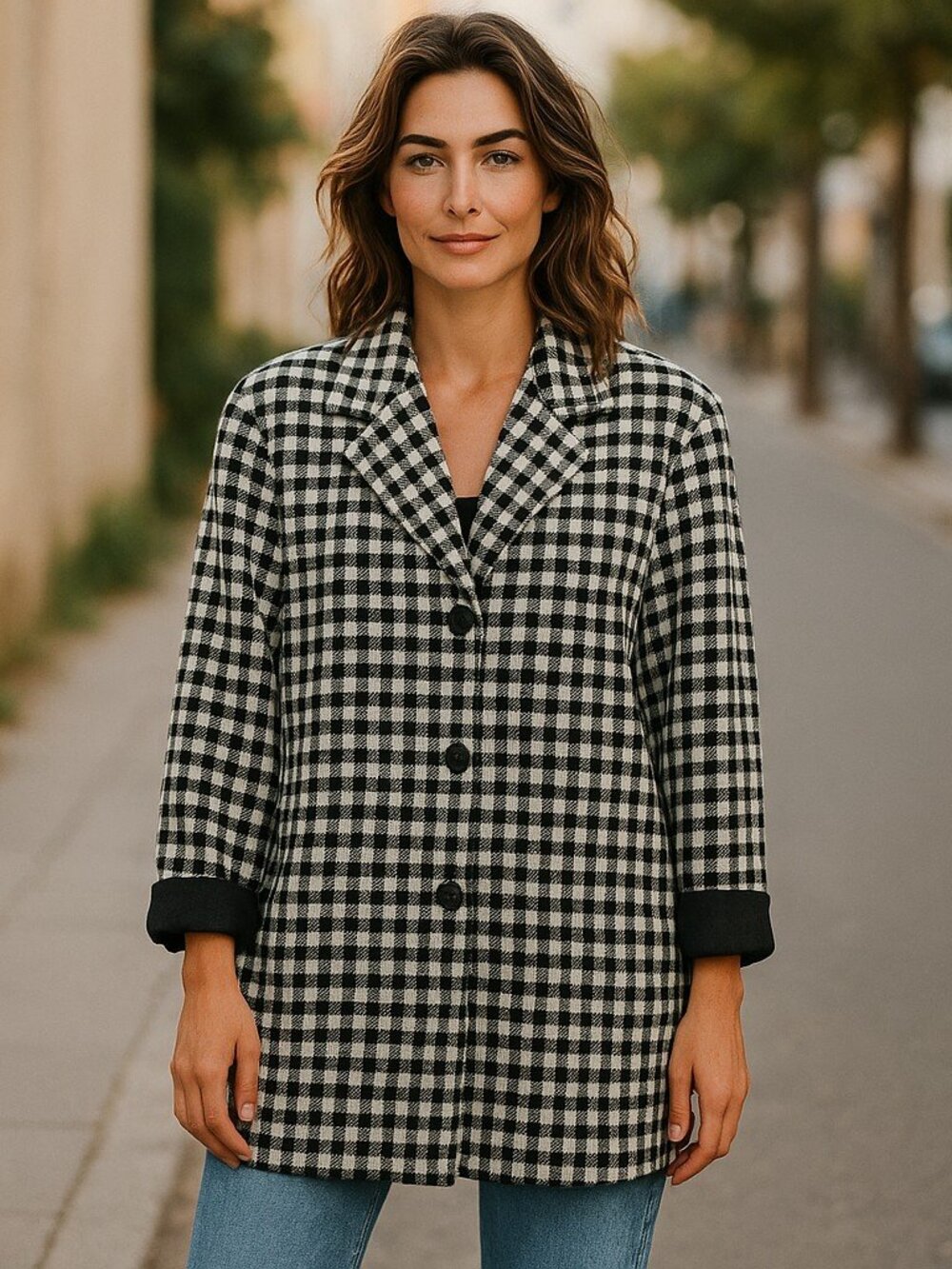 NEWPORT NEWS Black and White Checked Flannel Blazer Jacket Ladies L